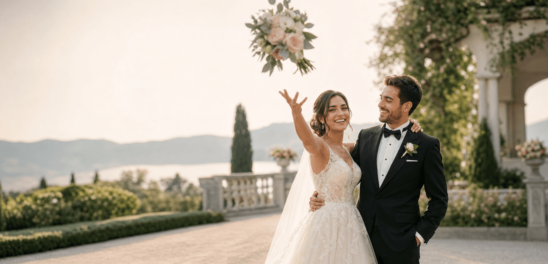 Happy couple on their wedding day as the bride throws her bouquet
