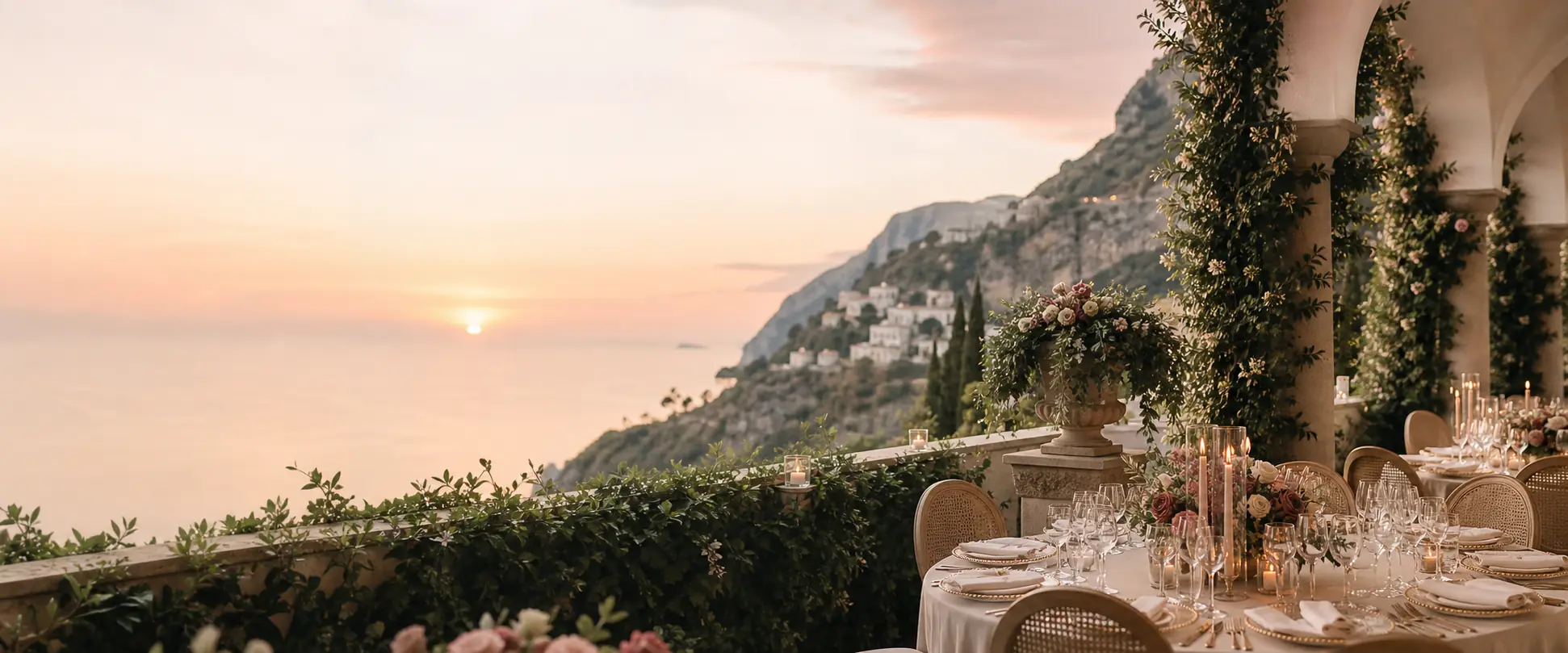 A Mediterranean wedding terrace overlooking the sea at sunset