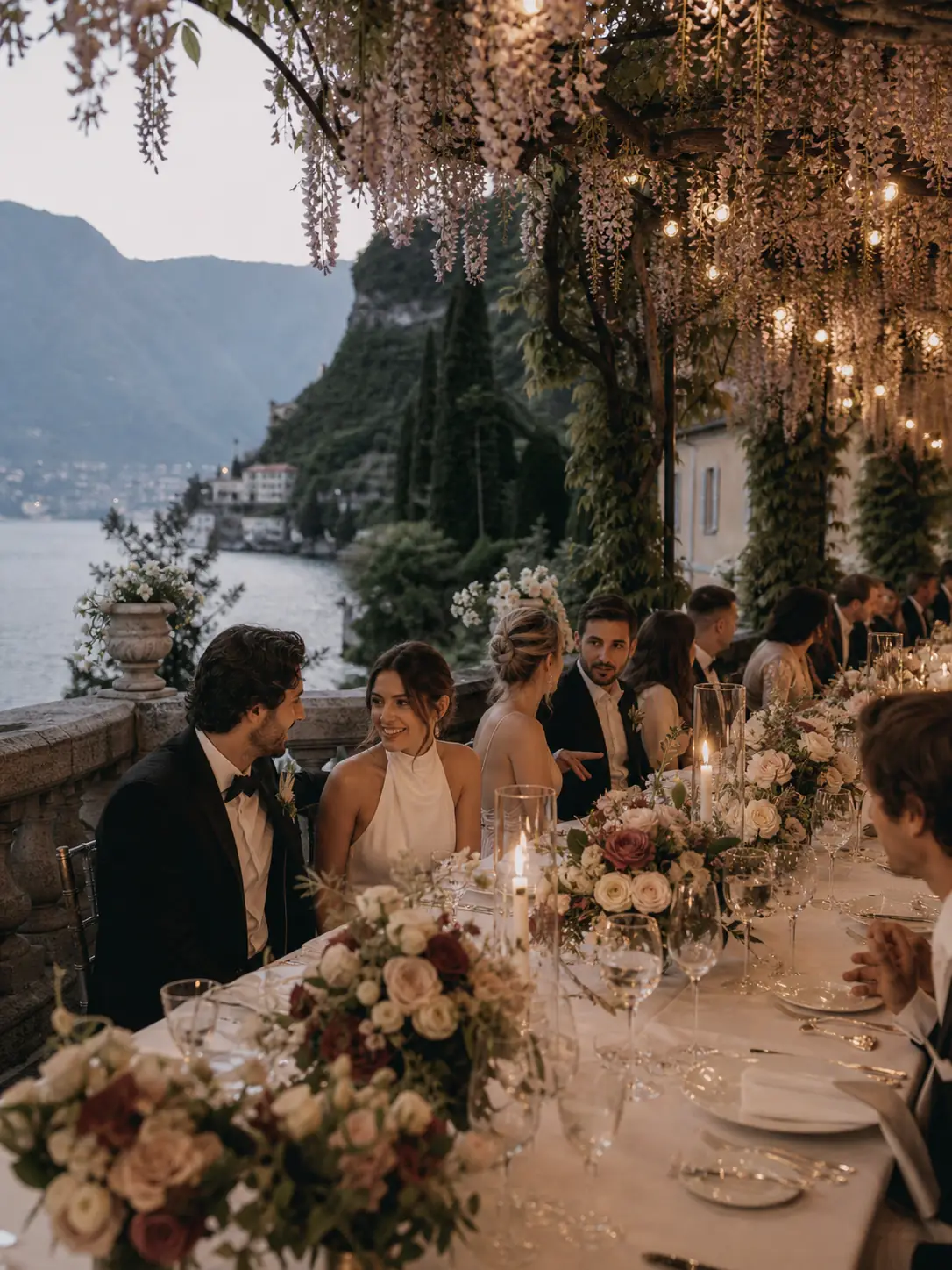 A candlelit wedding dinner on a villa terrace beside Lake Como