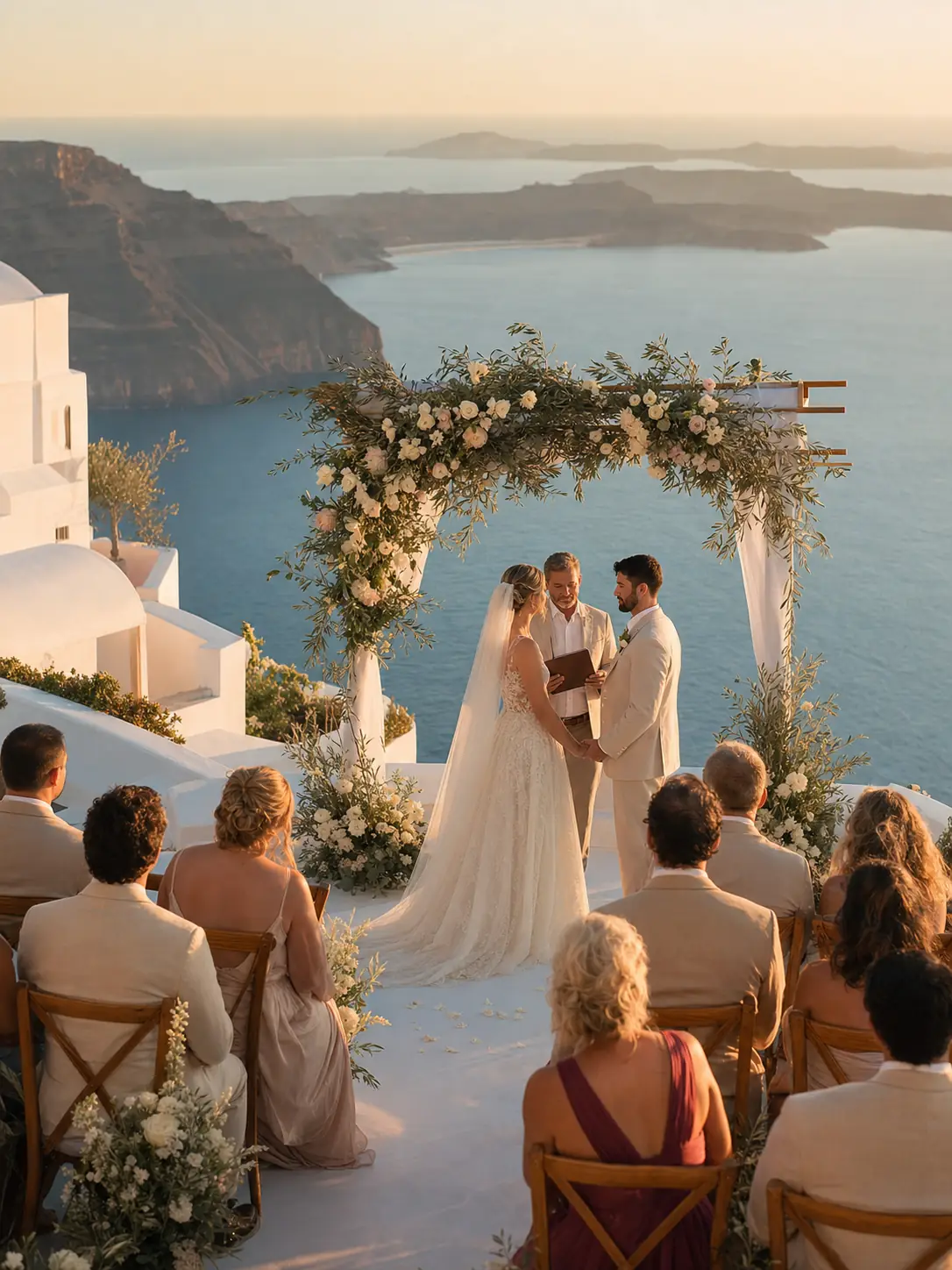An intimate cliffside wedding ceremony above the Santorini caldera