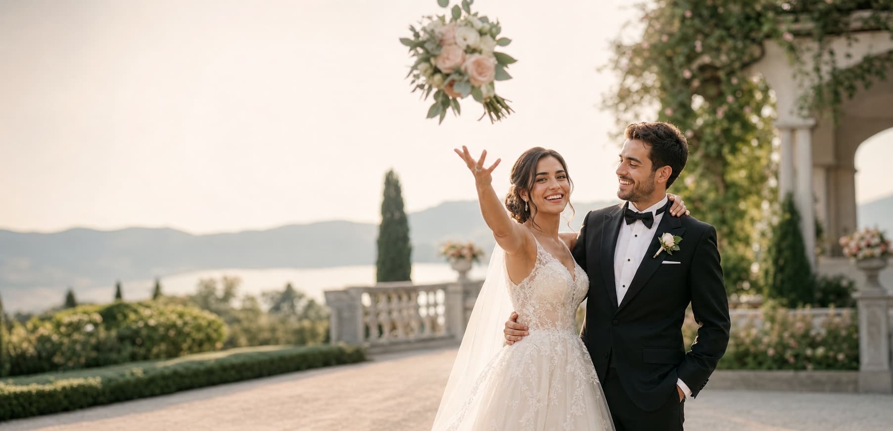 A couple celebrating outdoors after their wedding ceremony